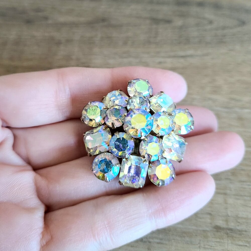 Vintage Coro Aurora Borealis Multicolored Round Brooch Pin. Signed Jewelry.
